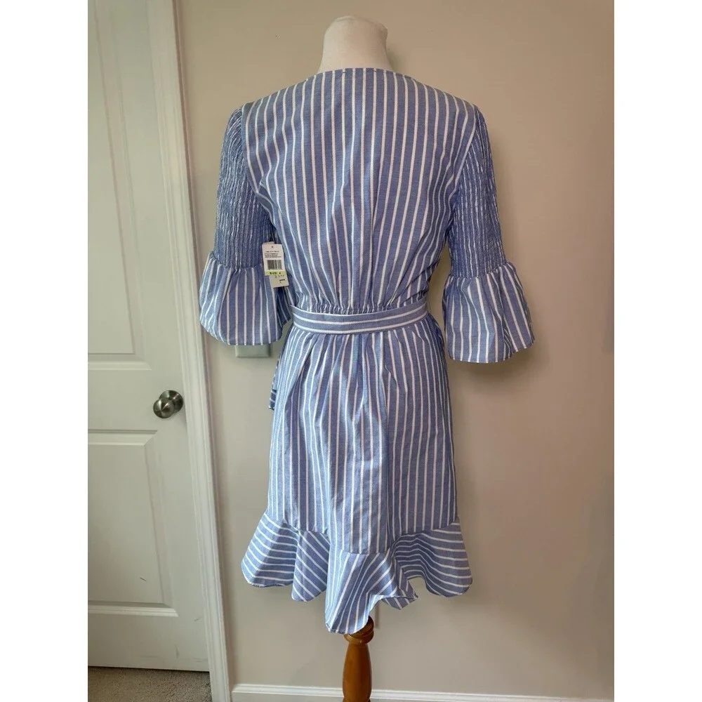 Label By 5 Twelve Striped Faux Wrap Dress Sz 4 Blue White Ruffle Tie Waist NWT